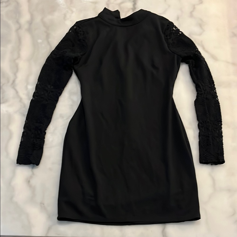 Lulu's Black Sheath Dress with Lace Long Sleeves